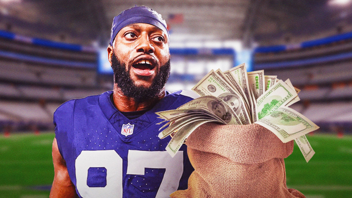 Osa Odighizuwa in a Dallas Cowboys uniform with a big bag of money as the defender signed a new contract extension with the cowboys and now the team must focus on micah parsons.