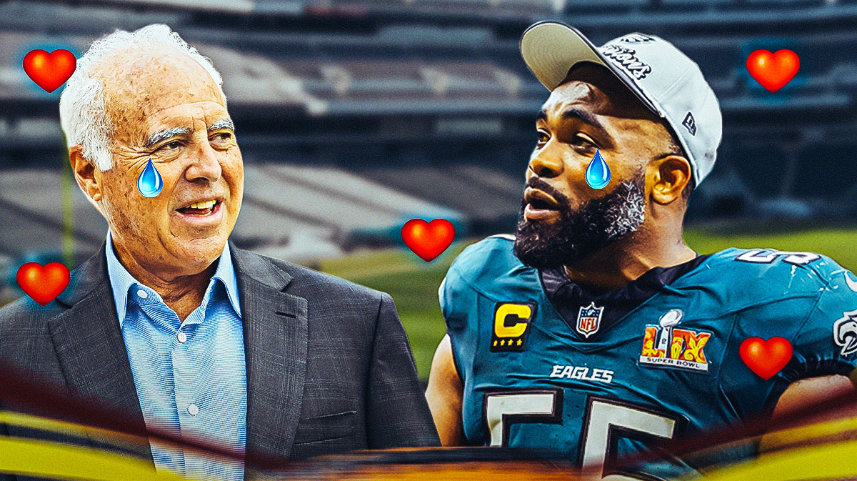 Eagles owner Jeffrey Lurie with a tear drop going down his face and Brandon Graham with a tear drop going down his face as well, with heart emojis around them.