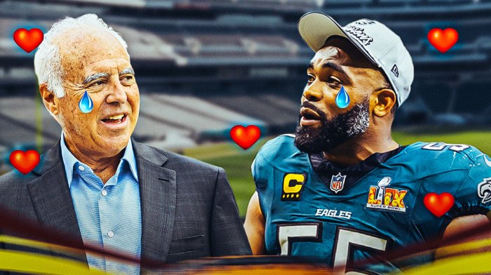 Eagles owner Jeffrey Lurie with a tear drop going down his face and Brandon Graham with a tear drop going down his face as well, with heart emojis around them.