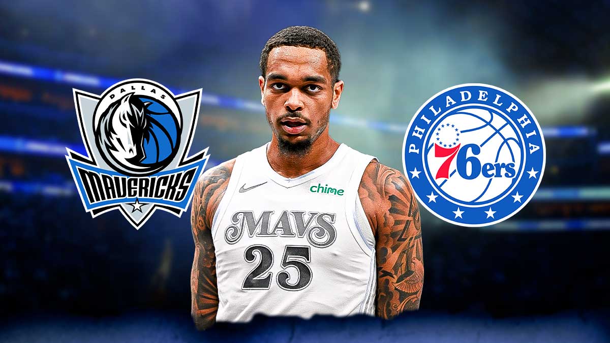 Mavericks PJ Washington in front looking serious, Dallas Mavericks and Philadelphia 76ers logos in background.