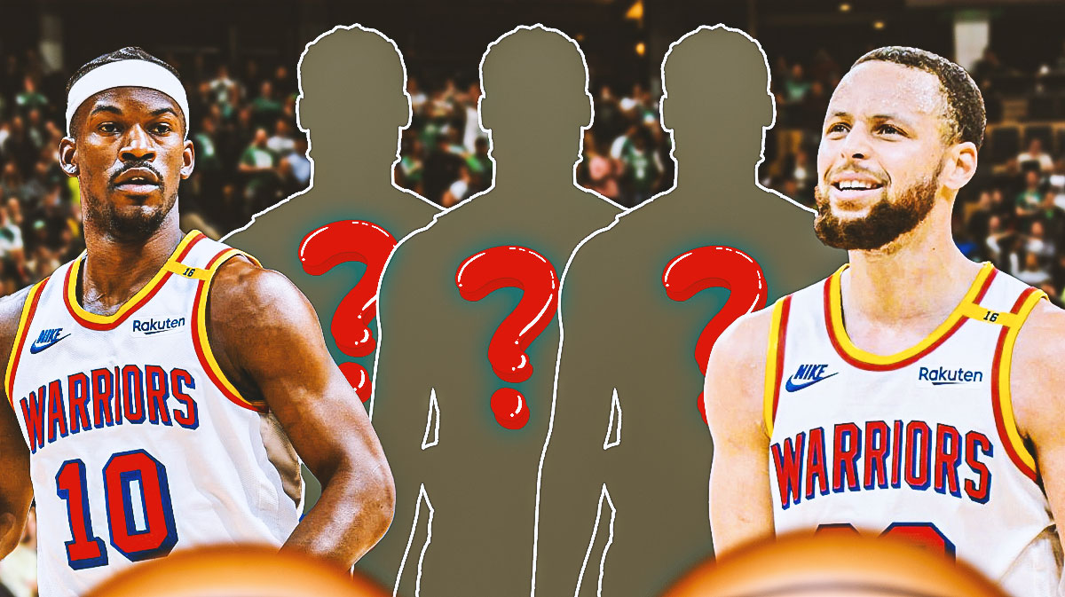 Warriors' Stephen Curry and Jimmy Butler surrounded by three basketball player silhouettes with question marks in them