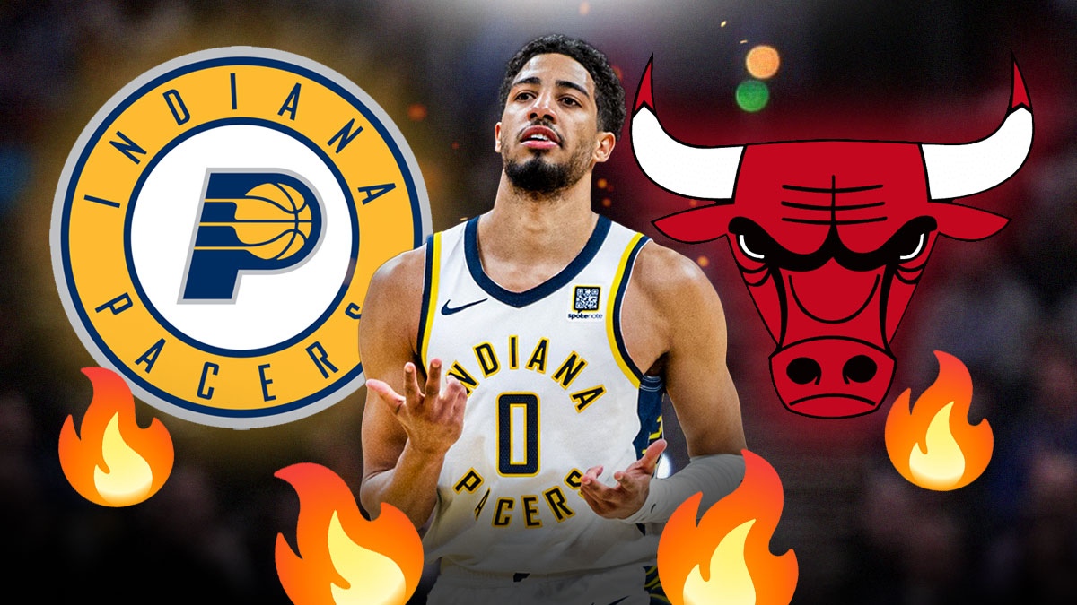 Tyrese Haliburton, Indiana Pacers and Chicago Bulls logos, fire symbols