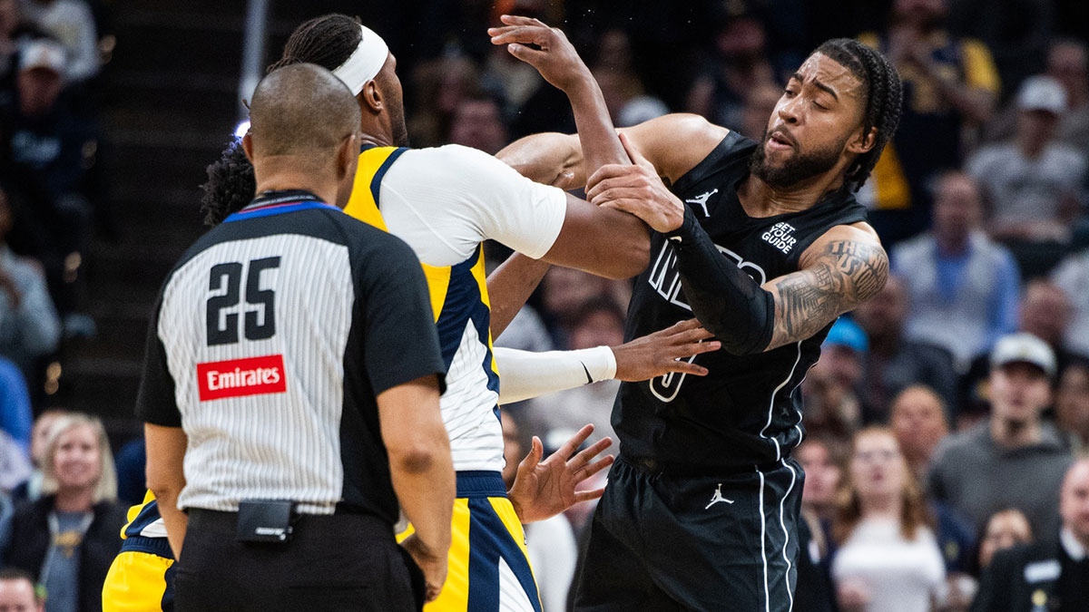 Indiana Pacers center Myles Turner (33) and Brooklyn Nets forward Trendon Watford (9) get into a fight leading to Watford being ejected in the second half at Gainbridge Fieldhouse.