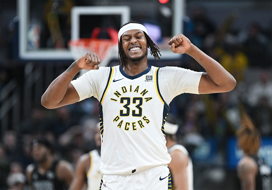 The Indiana Pacers Center Myles Turner (33) reacts to a room during the second half against the Brooklyn Nets of Gainbridge Fieldhouse.