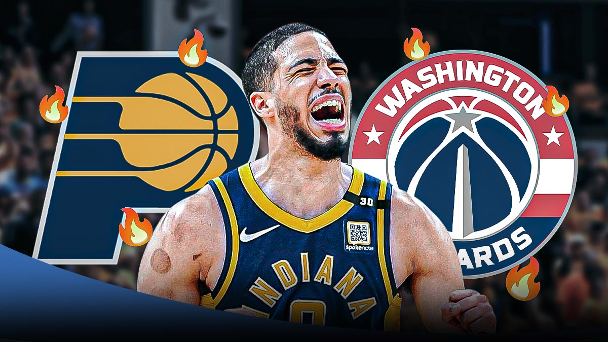 Tyrese Haliburton, Indiana Pacers and Washington Wizards logos, fire symbols