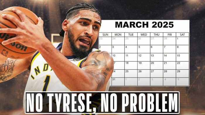 Pacers' Obi Toppin hyped up, with calendar for March beside him and caption below: NO TYRESE, NO PROBLEM