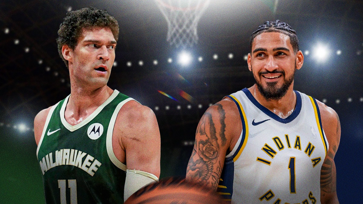 Pacers' Obi Toppin smiling next to Bucks' Brook Lopez