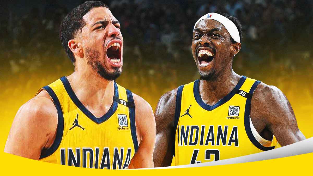 Indiana Pacers players Tyrese Haliburton and Pascal Siakam with the Pacers arena in the background, Bucks