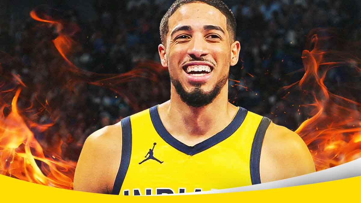 Pacers' Tyrese Haliburton with flames around him
