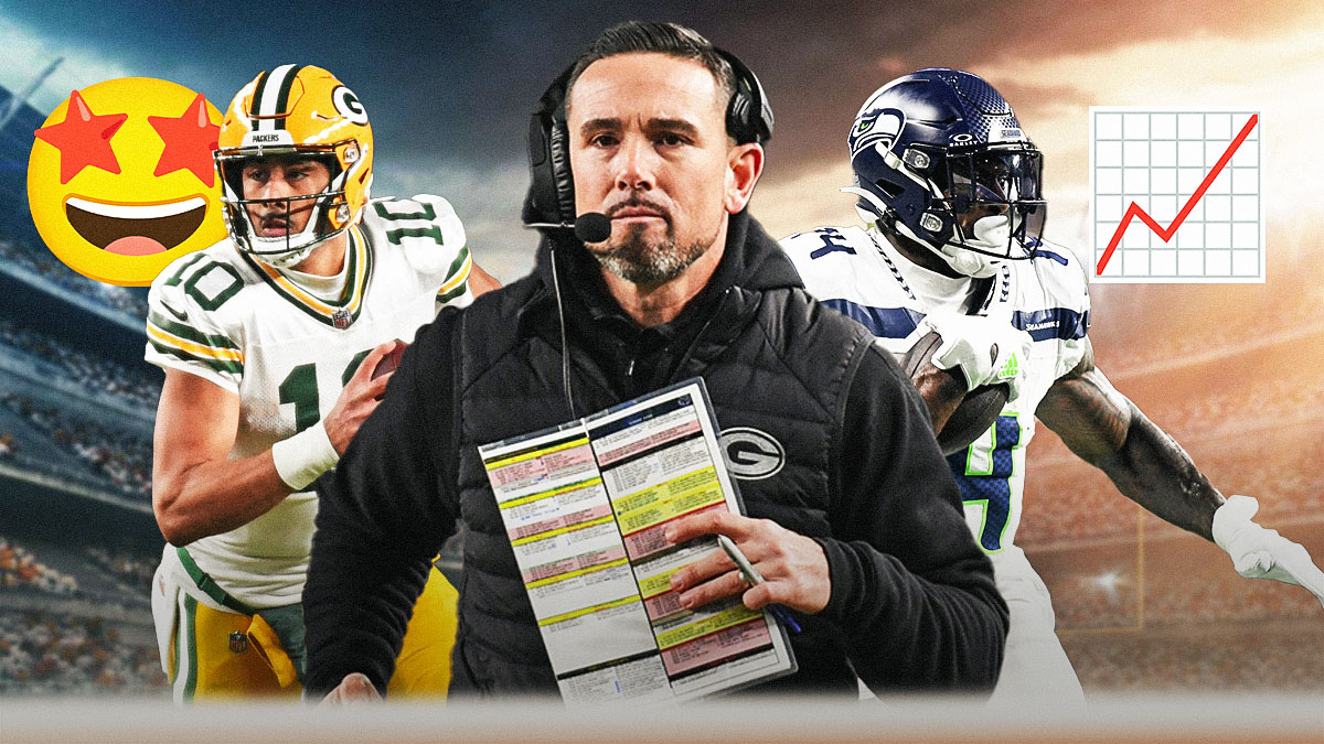 Packers HC Matt LaFleur and QB Jordan Love smiling standing next to Seahawks WR DK Metcalf. Multiple 🤩 and 📈 emojis in background. Background is Lambeau Field.