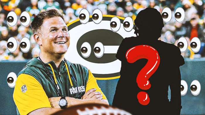 Packers GM Brian Gutekunst surrounded by eyeballs emojis (👀). He is next to a silhouette of an American football player with a big question mark emoji inside. There is also a logo for the Green Bay Packers.