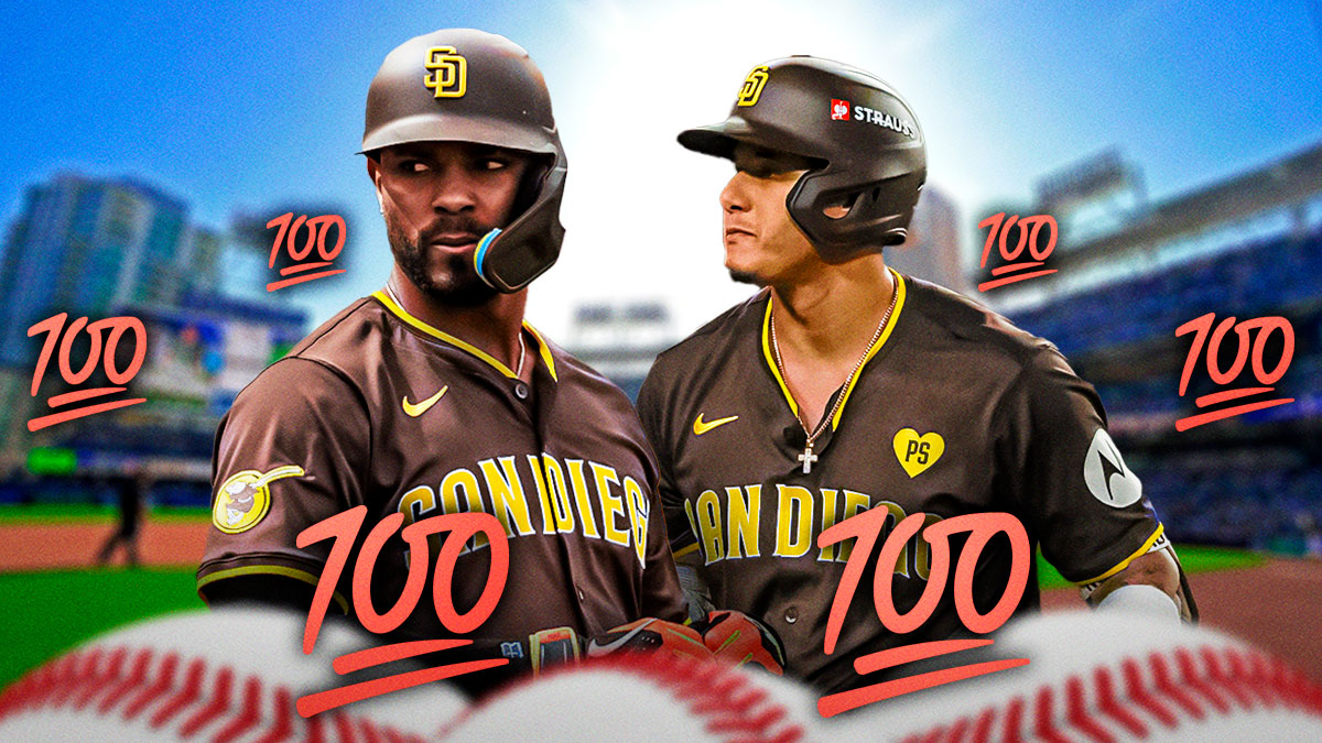 Xander Bogaerts in a San Diego Padres uniform and Manny Machado in a Padres uniform with 100 emoji as bogaerts will return to shortstop after a strong spring training with the Padres.
