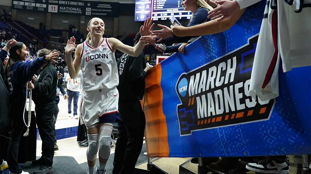 UConn Huskies guard Paige Bueckers (5) exits the floor after defeating the South Dakota State Jackrabbits in the second half at Harry A. Gampel Pavilion.