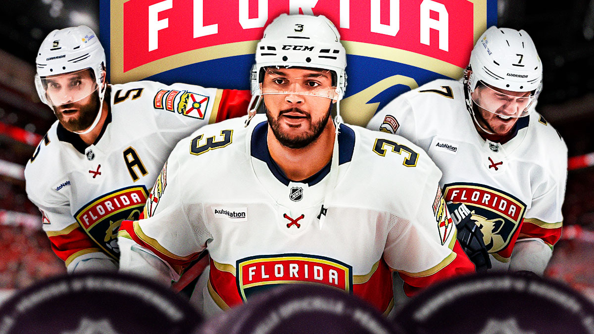 Seth Jones, Aaron Ekblad and Dmitry Kulikov in image, Florida Panthers logo in background, hockey rink in background
