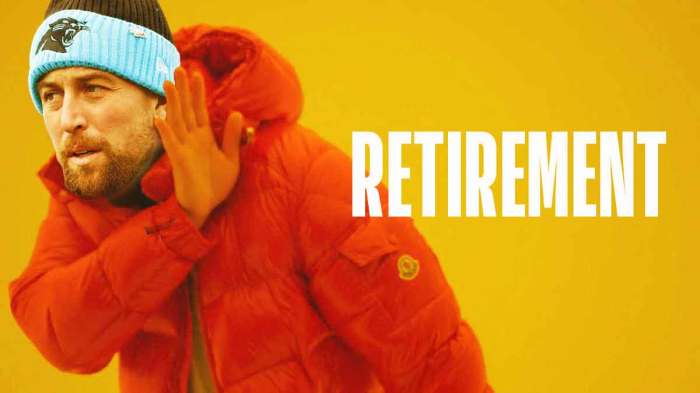Adam Thielen (Panthers) as the Drake meme. Put "RETIREMENT" on the right side