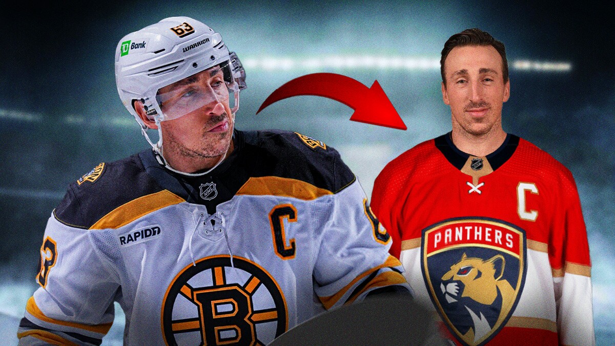 Brad Marchand in a Bruins uniform on the left, an arrow pointing to the right, Marchand in a Panthers uniform