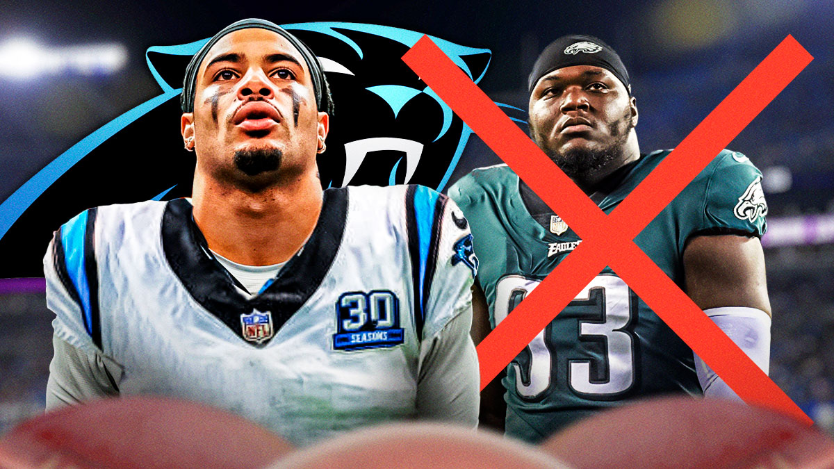 Tre'Von Moehrig in a Panthers uniform next to Milton Williams with a big red X over him. There is also a logo for the Carolina Panthers.