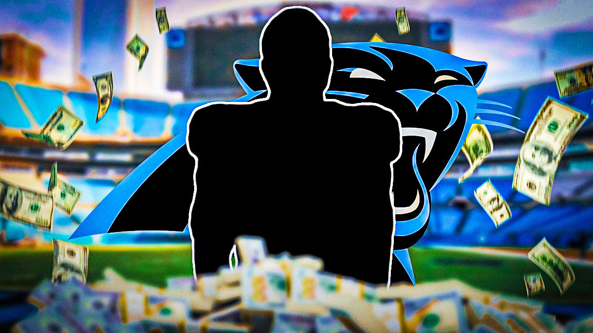 Panthers logo behind SILHOUETTE of S Nick Scott with money falling from sky to indicate free agency/offseason spending. Background is Bank of America Stadium.