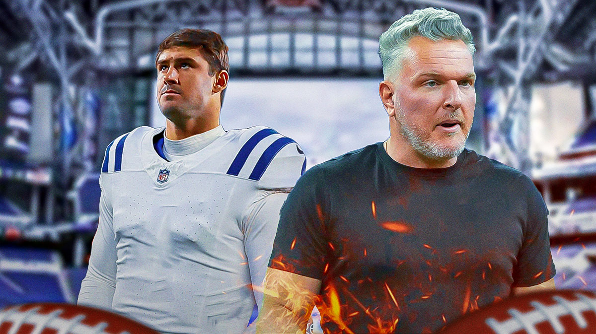 Pat McAfee hyped and surrounded by fire. Daniel Jones (in a Colts uniform) next to McAfee.