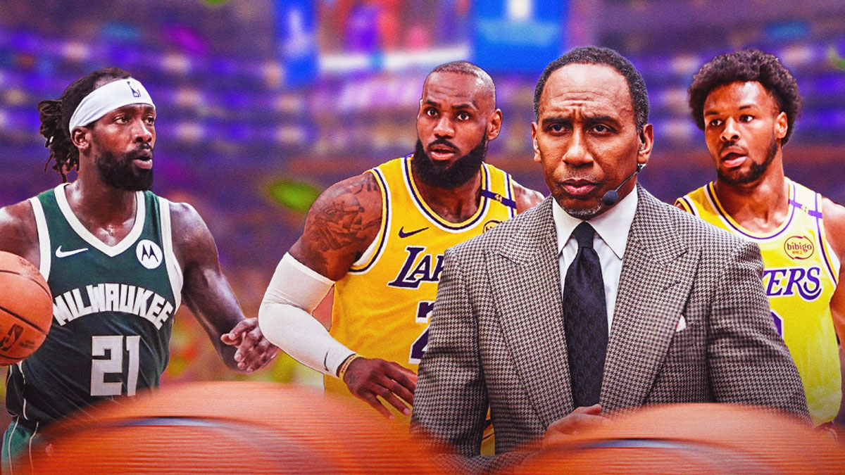 Patrick Beverley looking at Lakers' LeBron James, Bronny James, and Stephen A. Smith