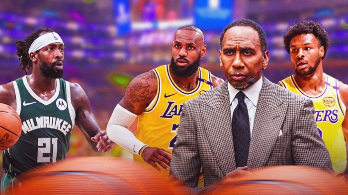 Patrick Beverley looking at Lakers' LeBron James, Bronny James, and Stephen A. Smith