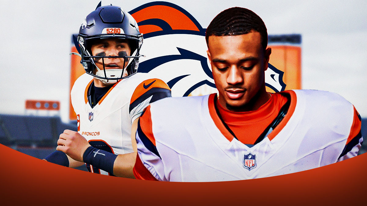 Patrick Surtain II and Bo Nix on either side, Denver Broncos logo in middle, football field in background