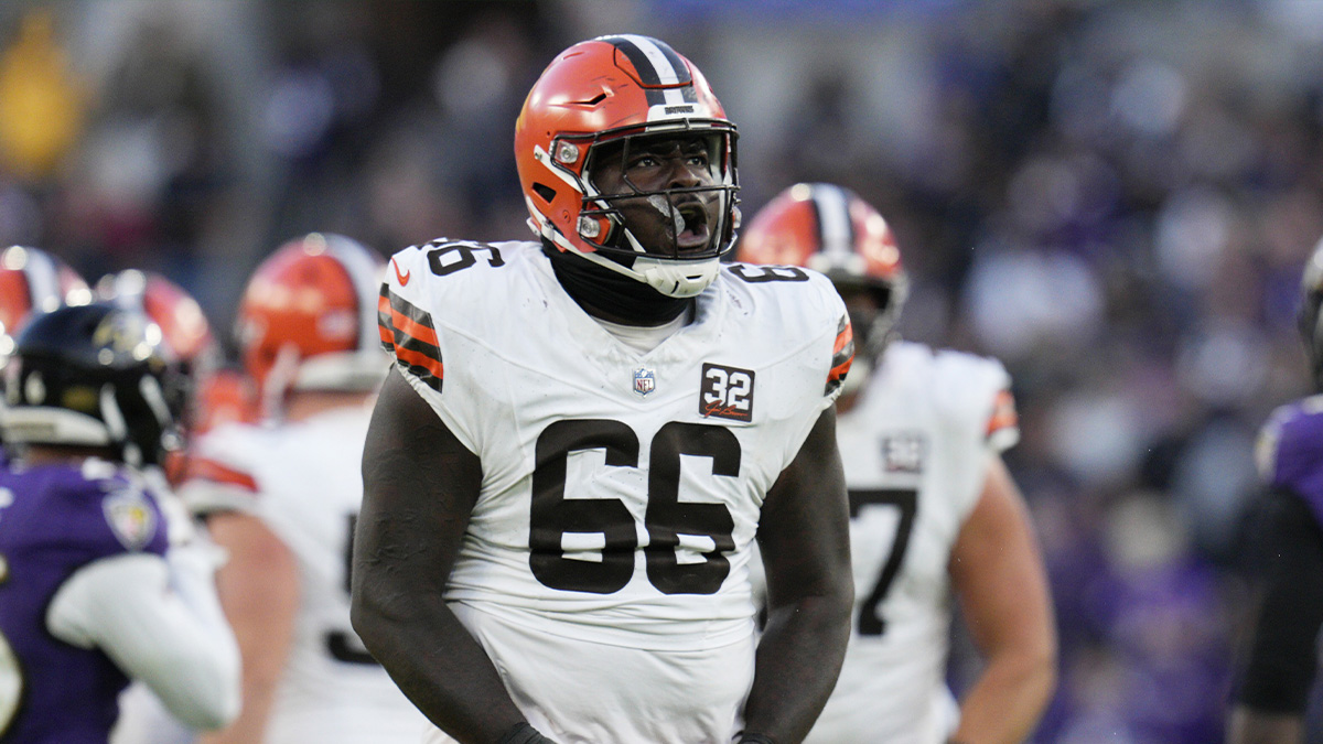 Cleveland Browns offensive tackle James Hudson III (66) celebrates a first down against the Baltimore Ravens during the second half at M&T Bank Stadium.