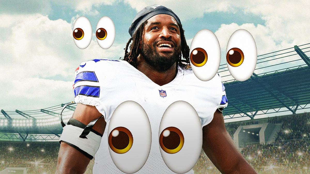Deatrich Wise Jr in a cowboys uniform with 👀 emojis around him