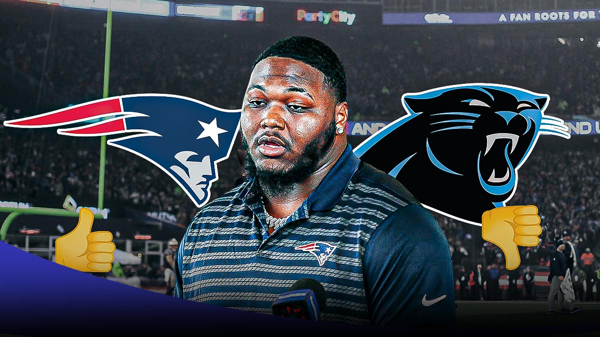 Milton Williams with the Patriots logo on his left with a Thumbs Up above it and a Panthers logo on his right with a Thumbs Down above it on the Patriots field.
