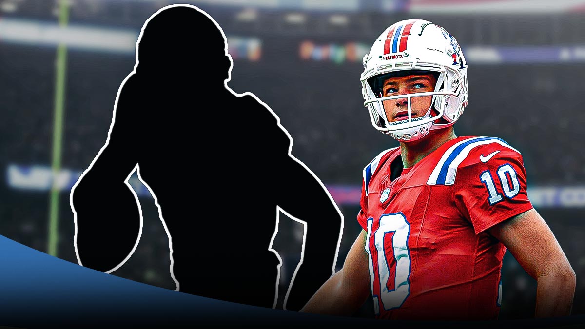 Featured Graphic idea: Image of Patriots QB Drake Maye smiling next to silhouette of Joshua Dobbs. Patriots logo in background