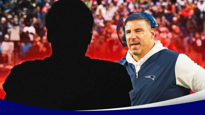 New England Patriots coach Mike Vrabel with big cartoon eyes looking at a silhouette of Stefon Diggs as the patriots need playmakers in free agency and diggs is the best receiver free agent remaining.