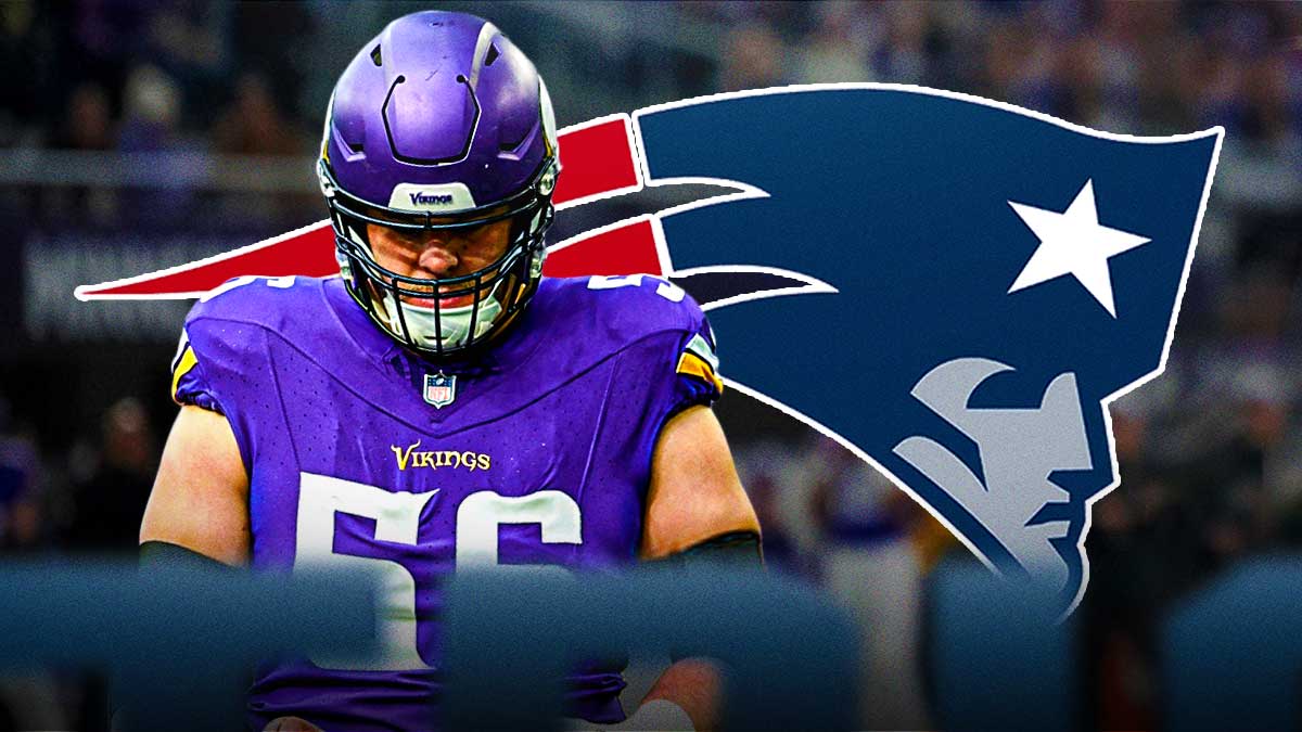 Vikings Garrett Bradbury with New England Patriots logo in free agency