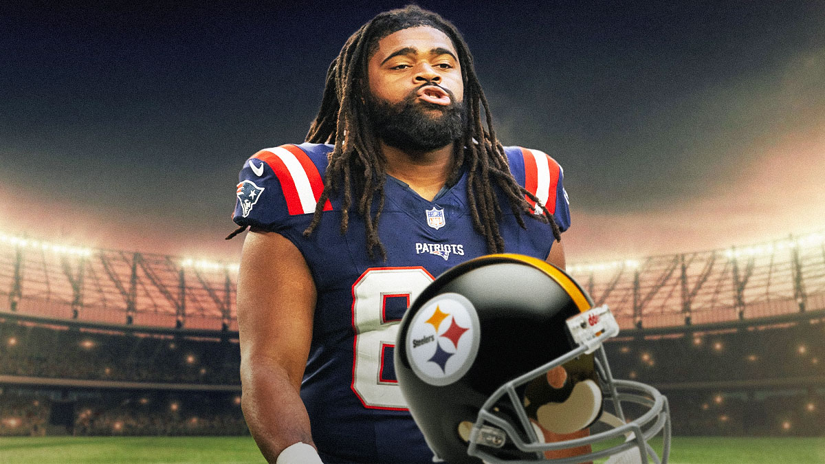 Lecitus Smith in a New England Patriots uniform next to a Pittsburgh Steelers helmet (as he signed with the Steelers) as team adds to offensive line.