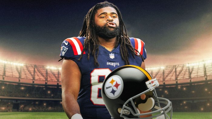 Lecitus Smith in a New England Patriots uniform next to a Pittsburgh Steelers helmet (as he signed with the Steelers) as team adds to offensive line.
