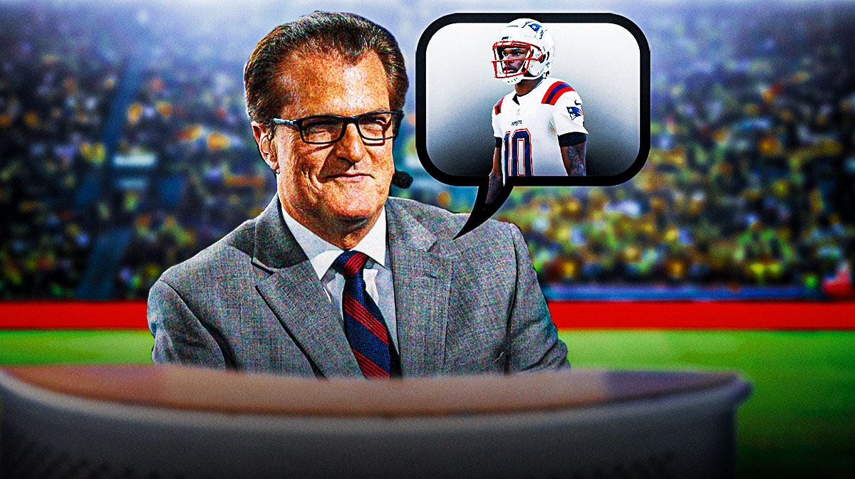 Mel Kiper Jr with a thought bubble of Travis Hunter in a Patriots jersey catching a football.