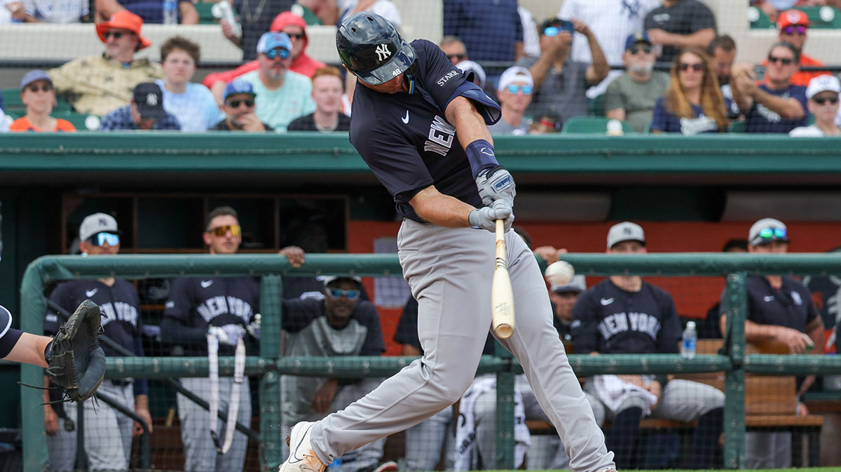 Mar 13, 2025; Lakeland, Florida, USA; New York Yankees first baseman Paul Goldschmidt (48) hits during the fourth inning against the Detroit Tigers at Publix Field at Joker Marchant Stadium. 