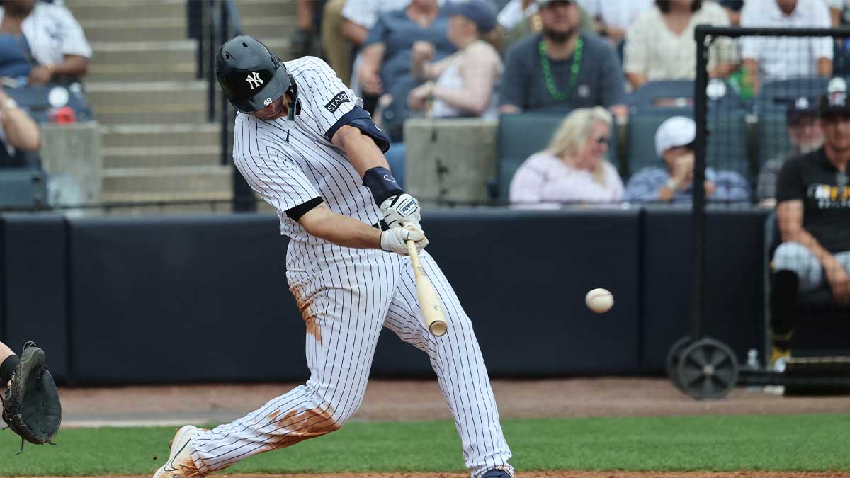 Mar 16, 2025; Tampa, Florida, USA; New York Yankees first base Paul Goldschmidt (48) singles during the sixth inning against the Pittsburgh Pirates at George M. Steinbrenner Field. 