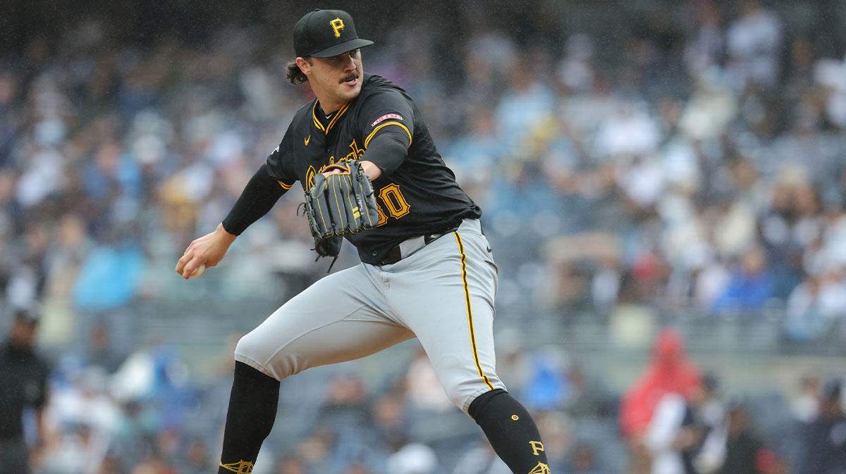 Sep 28, 2024; Bronx, New York, USA; Pittsburgh Pirates starting pitcher Paul Skenes (30) pitches against the New York Yankees during the second inning at Yankee Stadium. 