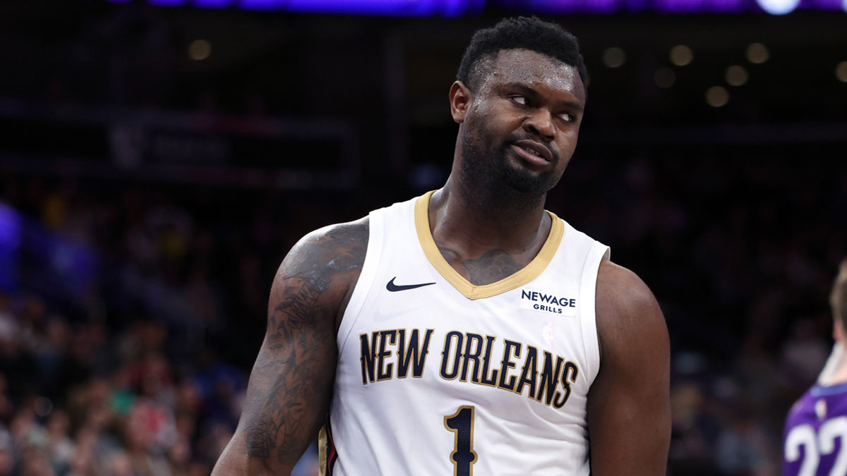 New Orleans Pelicans forward Zion Williamson (1) reacts to a play against the Utah Jazz during the second half at Delta Center.