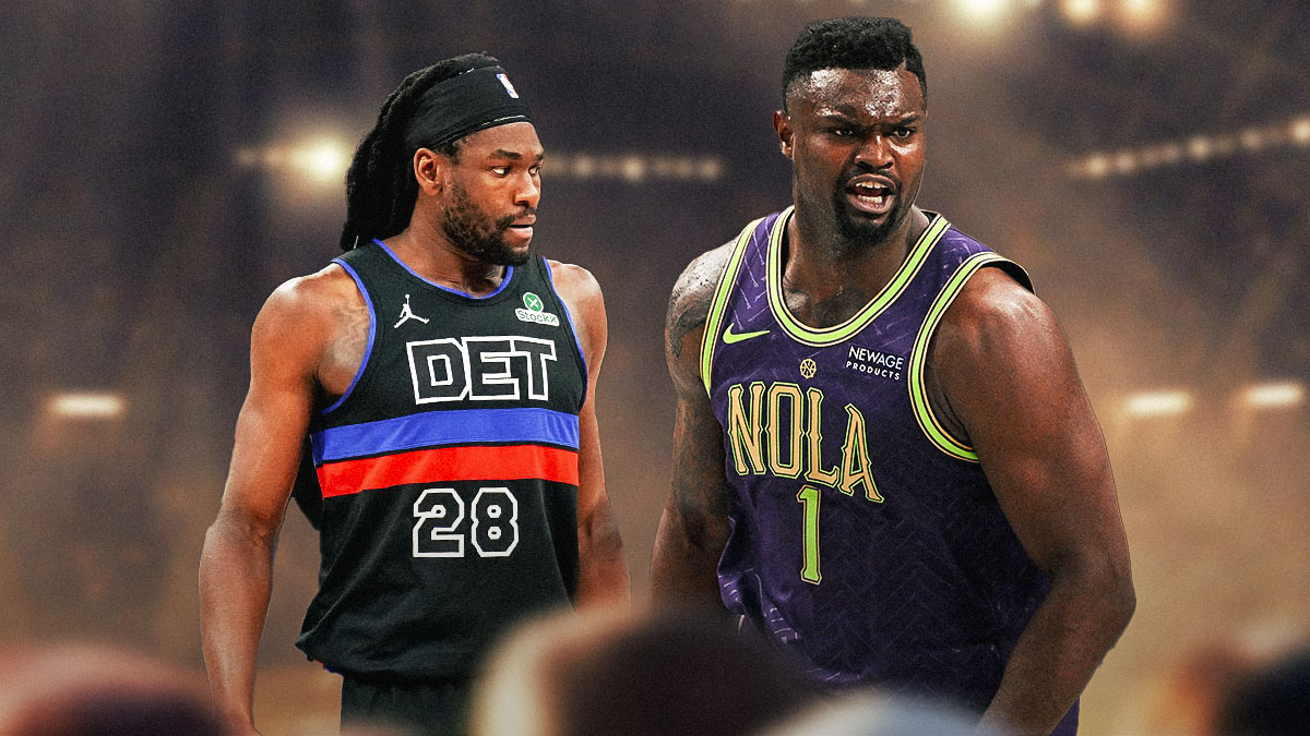 Pelicans' Zion Williamson hyped up, with Pistons' Isaiah Stewart looking at him