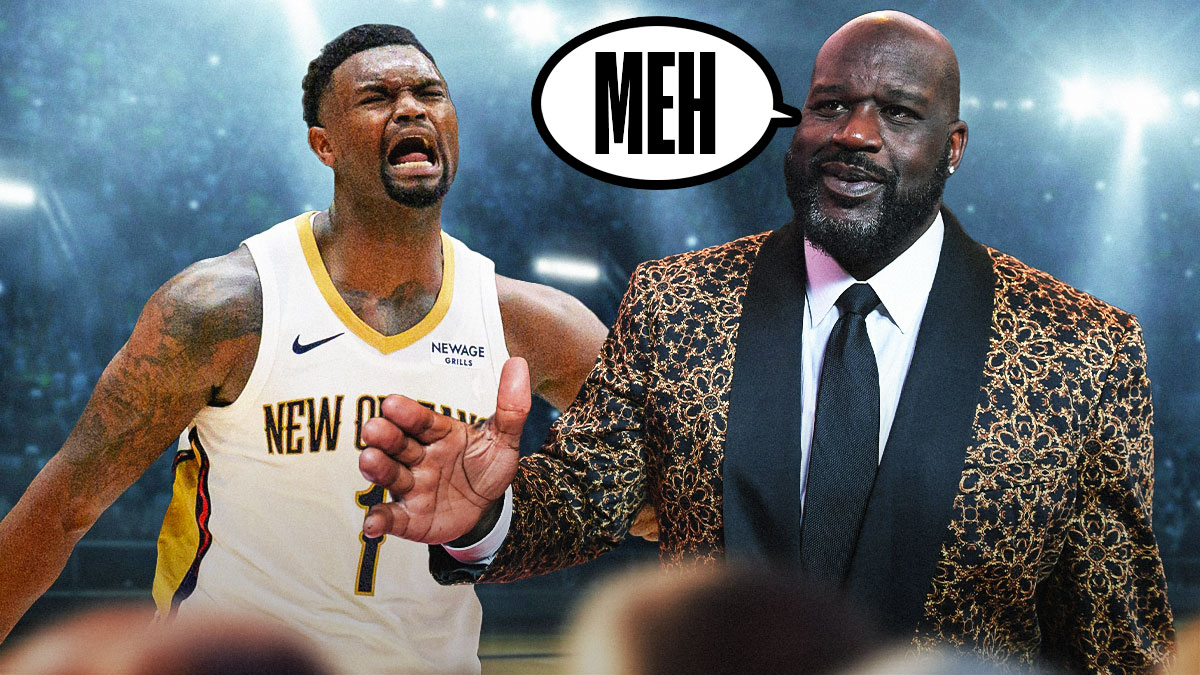 Pelicans' Zion Williamson looking angry, with Shaquille O'Neal looking serious beside him with speech bubble: "MEH"