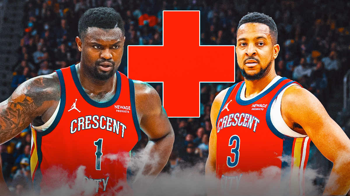 Zion Williamson, CJ McCollum (pelicans) with medical cross symbols in the background