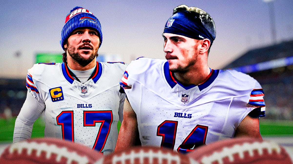 Alec Pierce in a Bills jersey next to a smiling Josh Allen.
