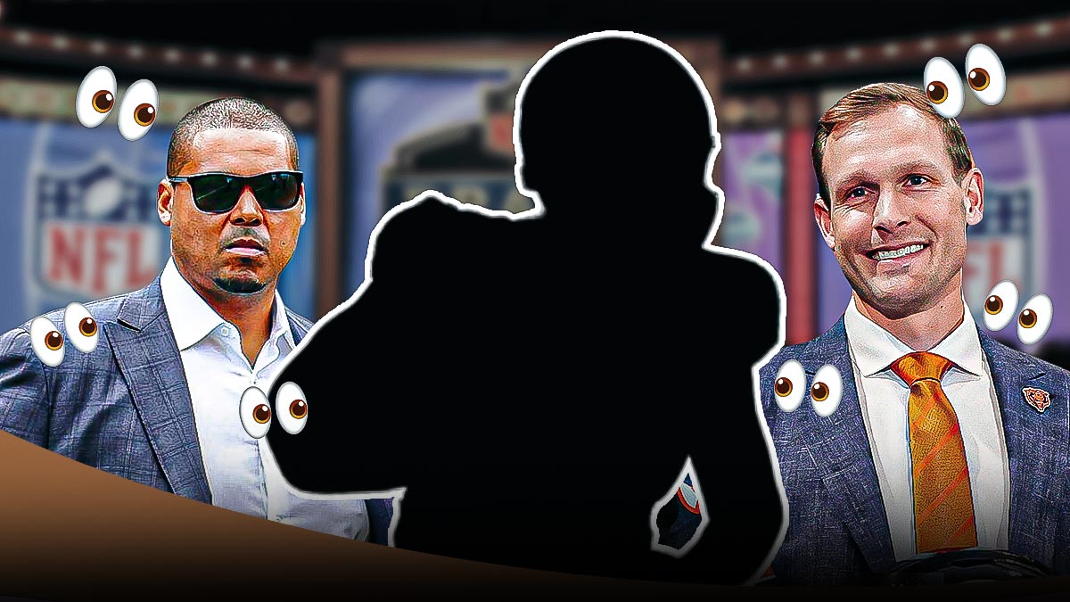 Bears logo behind trio of people. On left, Bears GM Ryan Poles looking serious, as free agency is still underway. In middle, SILHOUETTE of Raiders TE Michael Mayer. On right, Bears HC Ben Johnson. Mutiple 👀 in background. Background is NFL Draft stage.