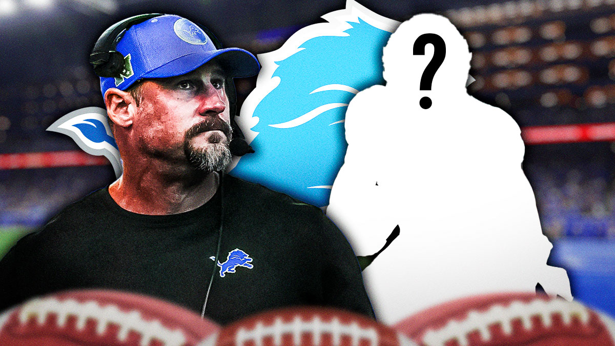Detroit Lions head coach Dan Campbell next to a silhouette of an American football player with a big question mark emoji inside. There is also a logo for the Detroit Lions.