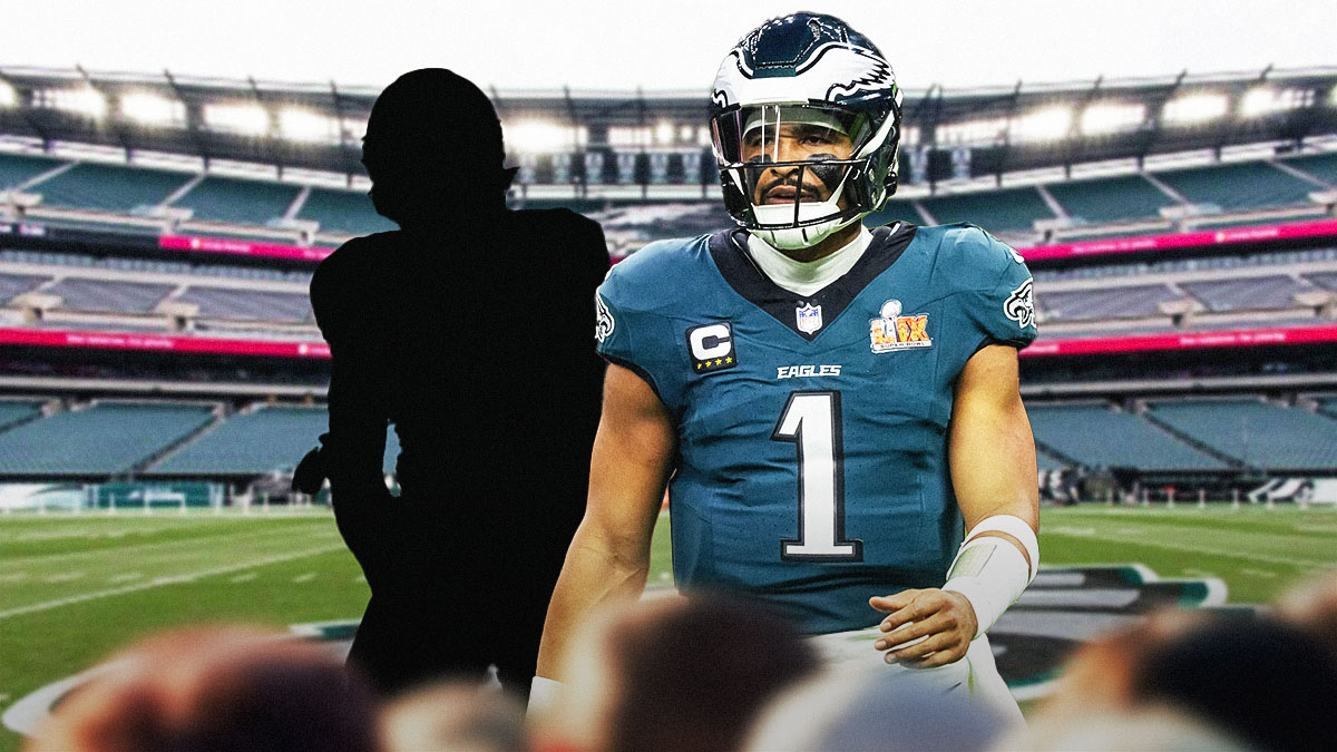 Jalen Hurts next to the blacked-out silhouette of Michael Mayer in front of the Eagles stadium.