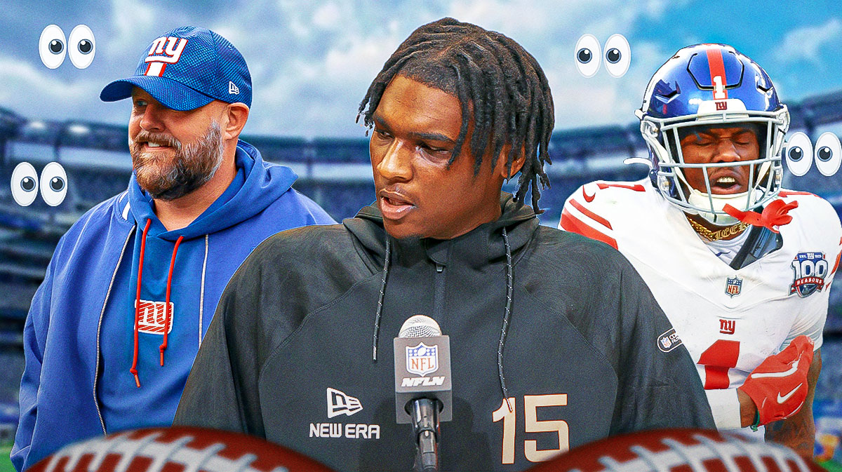 Cam Ward in the middle, Coach Brian Daboll and Malik Nabers beside him, 👀 👀 👀 in the background