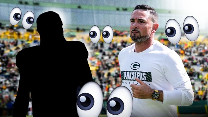 Packers logo behind HC Matt LaFleur looking at SILHOUETTE of CB Amik Robertson with multiple 👀 in background to indicate a trade after free agency. Background is Lambeau Field.