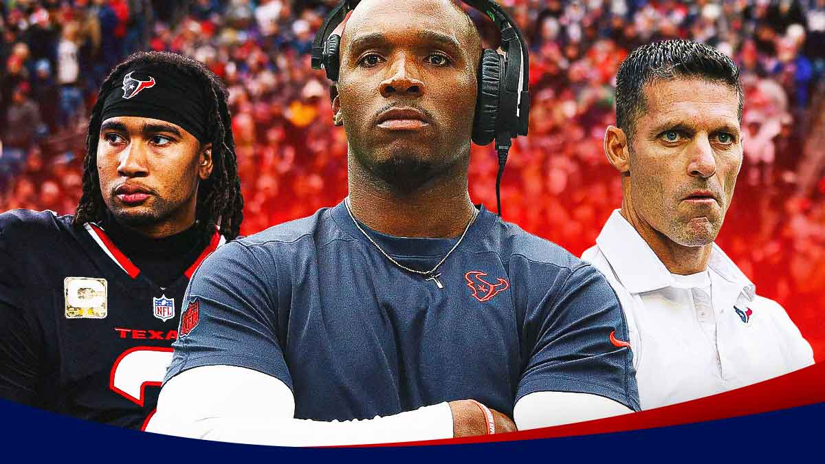 CJ Stroud, coach DeMeco Ryans, GM Nick Caserio all beside each other, Houston Texans wallpaper in the background