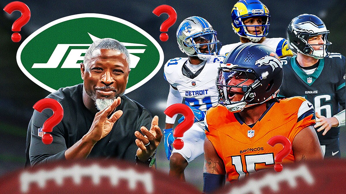 Jets coach Aaron Glenn in the center with a Jets logo behind him and Nik Bonitto in a Broncos uniform, Kerby Joseph in a Lions uniform, Tanner McKee in an Eagles uniform and Deebo Samuel in a 49ers uniform with question marks surrounding them. as the jets should trade for kerby joseph with the lions.